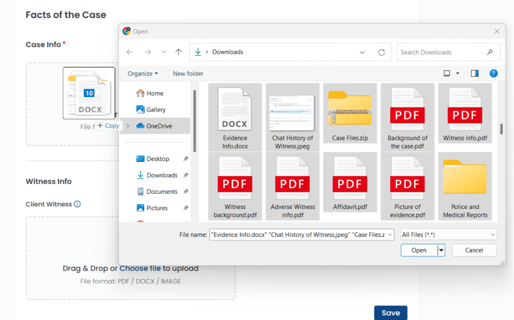 A screenshot of a user uploading all case-related files into the Legal AI Trial Copilot input page